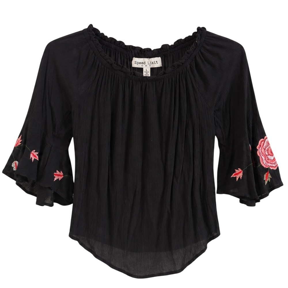 Speed Limit MPH Black Embroidered Rose Bell Sleeve Boho Blouse Top Large